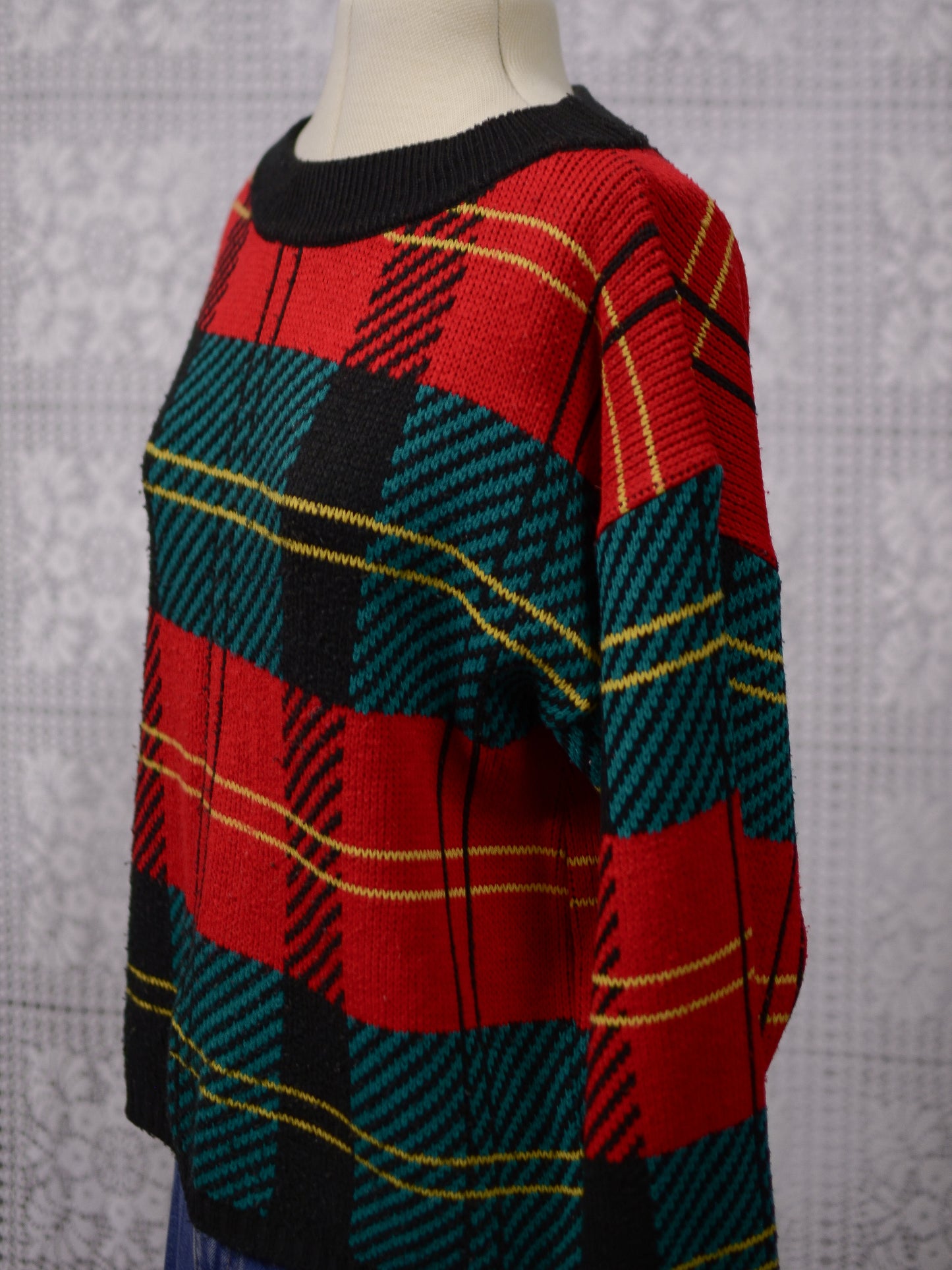 1980s St Michael red, green, black and yellow tartan jumper