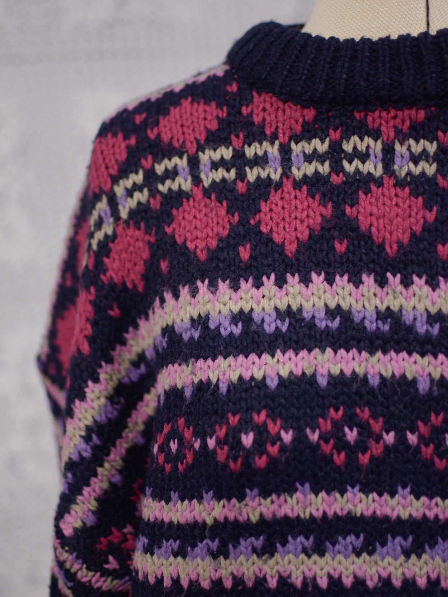 1990s Classics navy blue, pink and purple chunky striped pattern jumper
