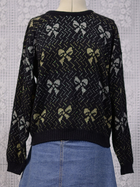 1980s black, silver and gold metallic bow festive christmas jumper