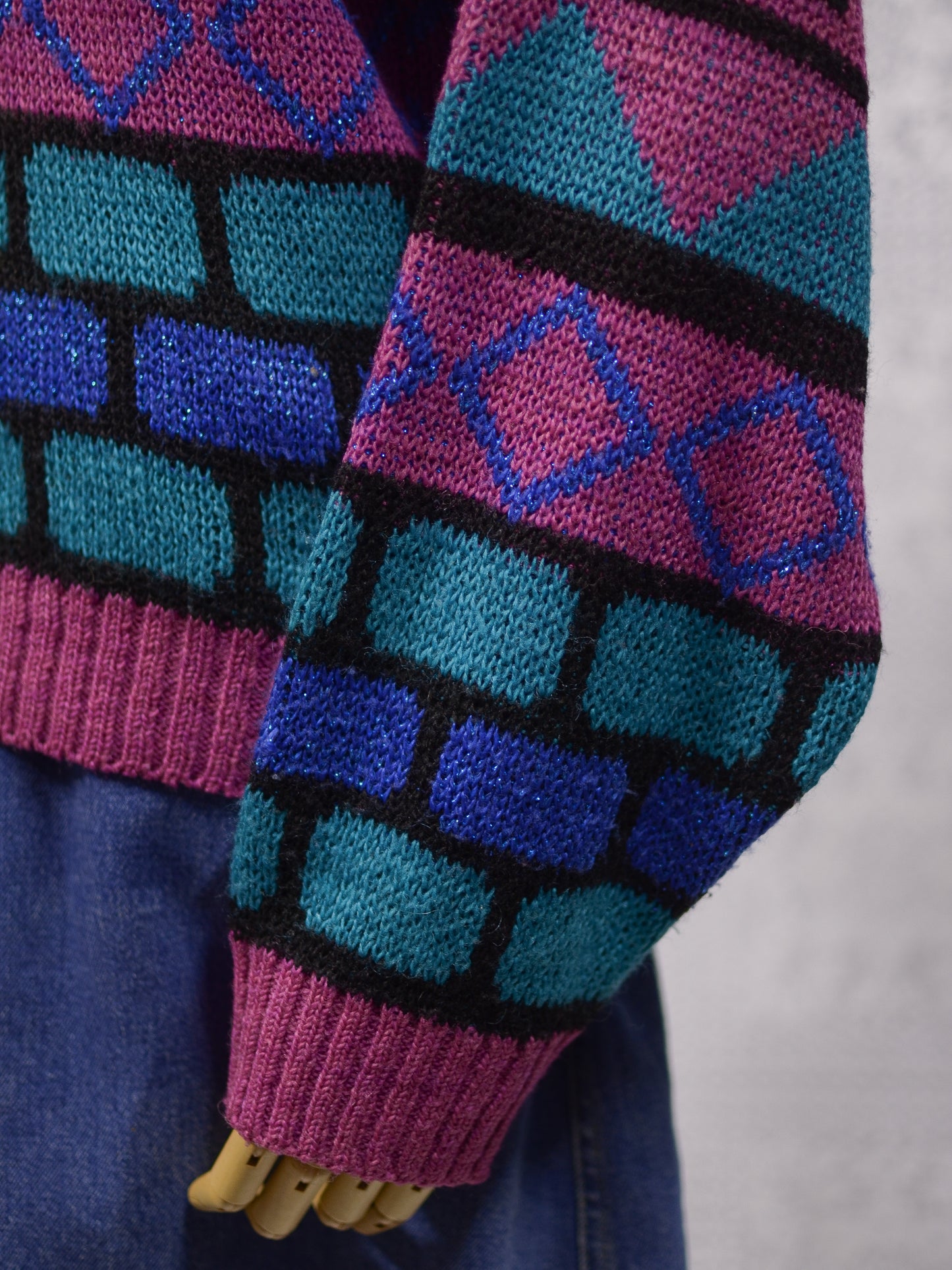 1980s C&A pink, green and blue sparkly patterned jumper