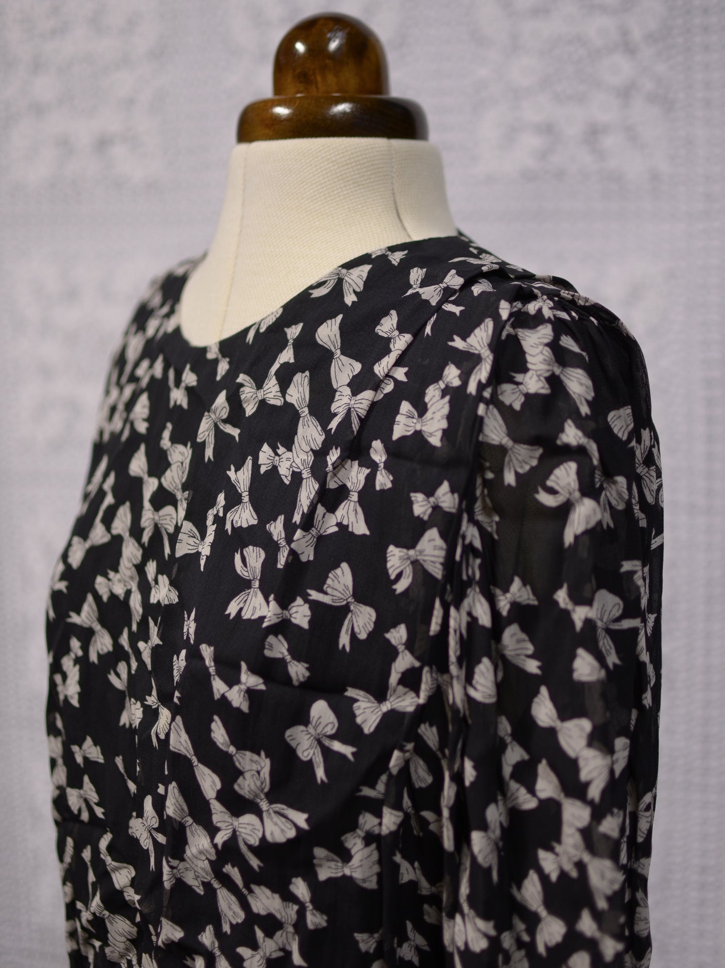 1980s black and white bow print blouson midi party dress
