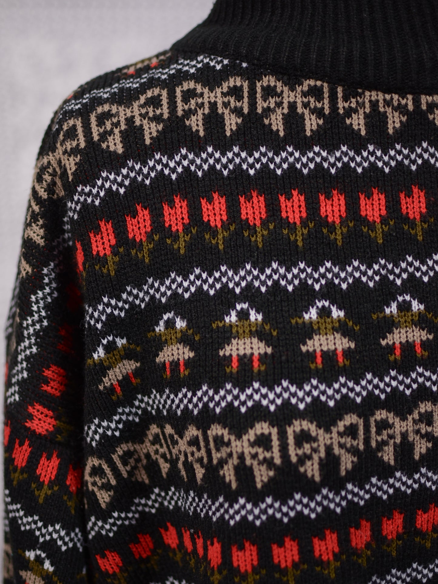 1980s black, white, red and green festive folk patterned jumper