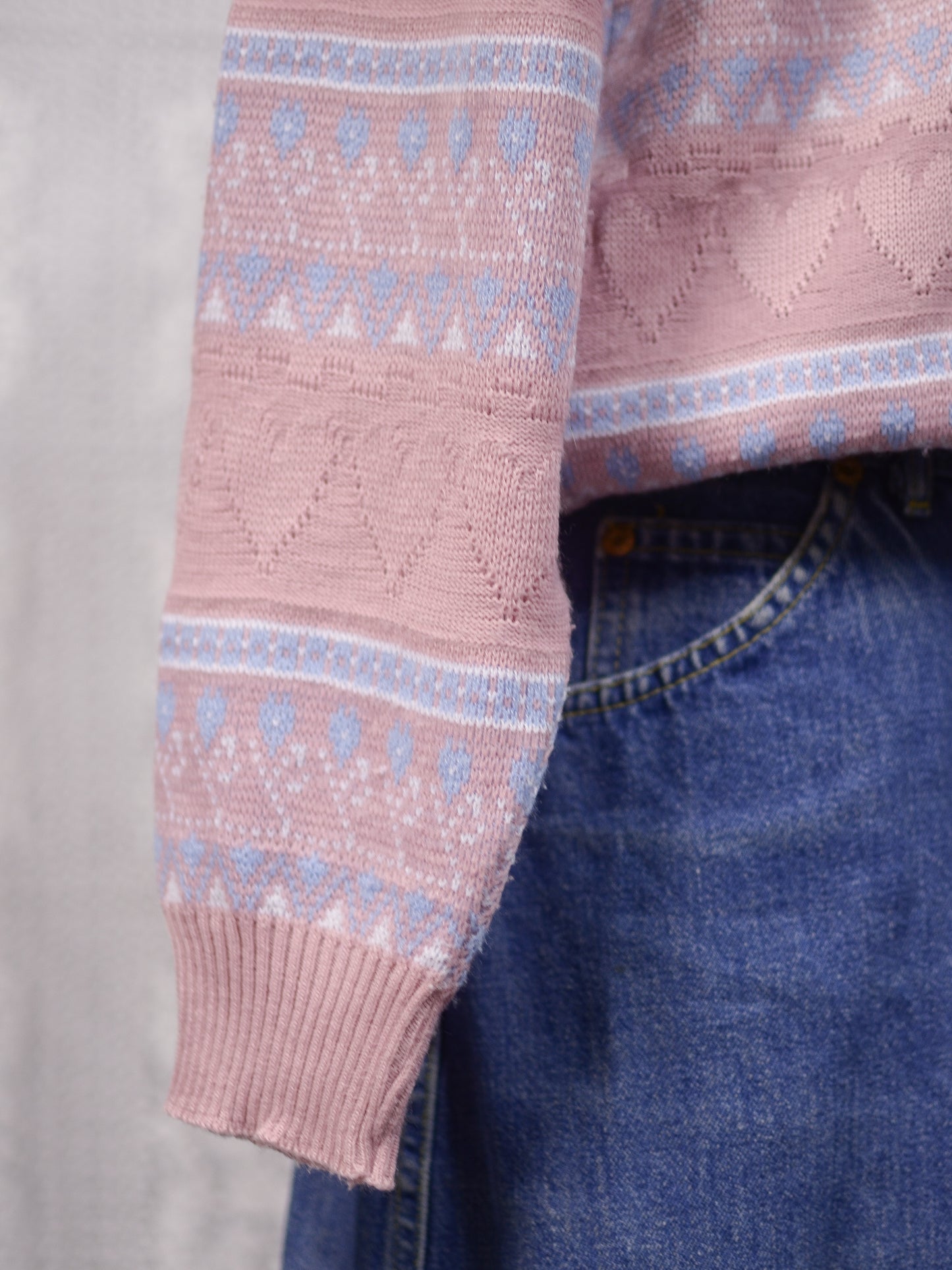 1990s pastel pink heart stripe patterned collared jumper