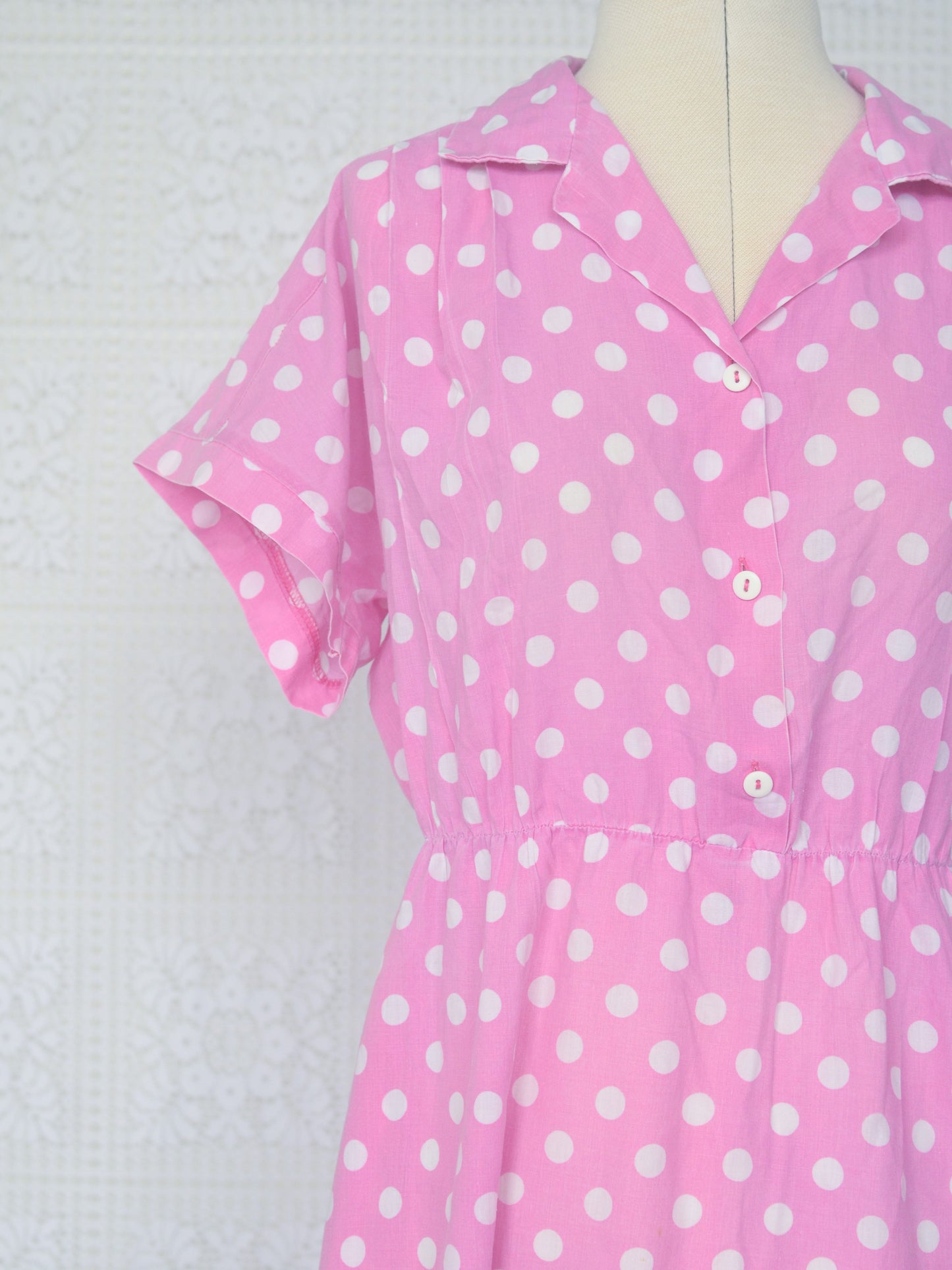 1980s style pink and white polkadot short sleeve shirt midi dress