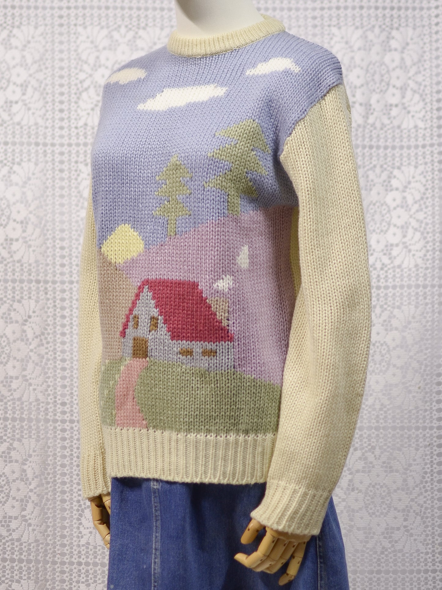 1980s Chelsea Girl cream and pastel cottage pattern jumper