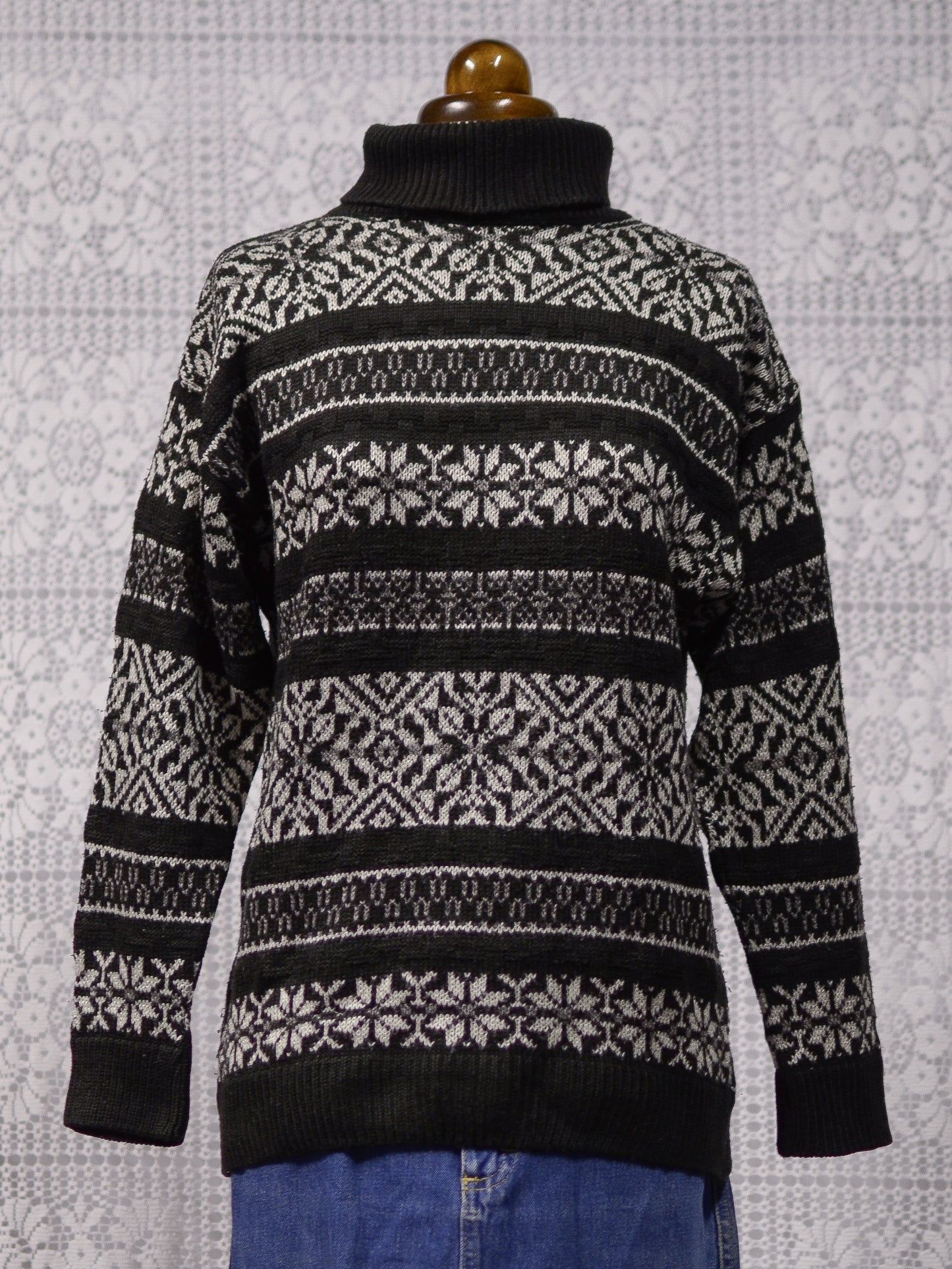 1990s St Michael black and white snowflake nordic striped roll neck jumper