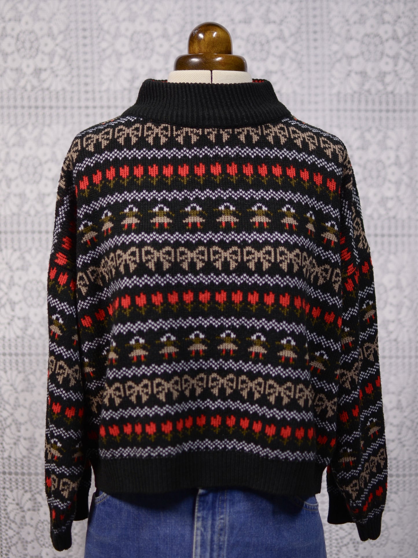 1980s black, white, red and green festive folk patterned jumper