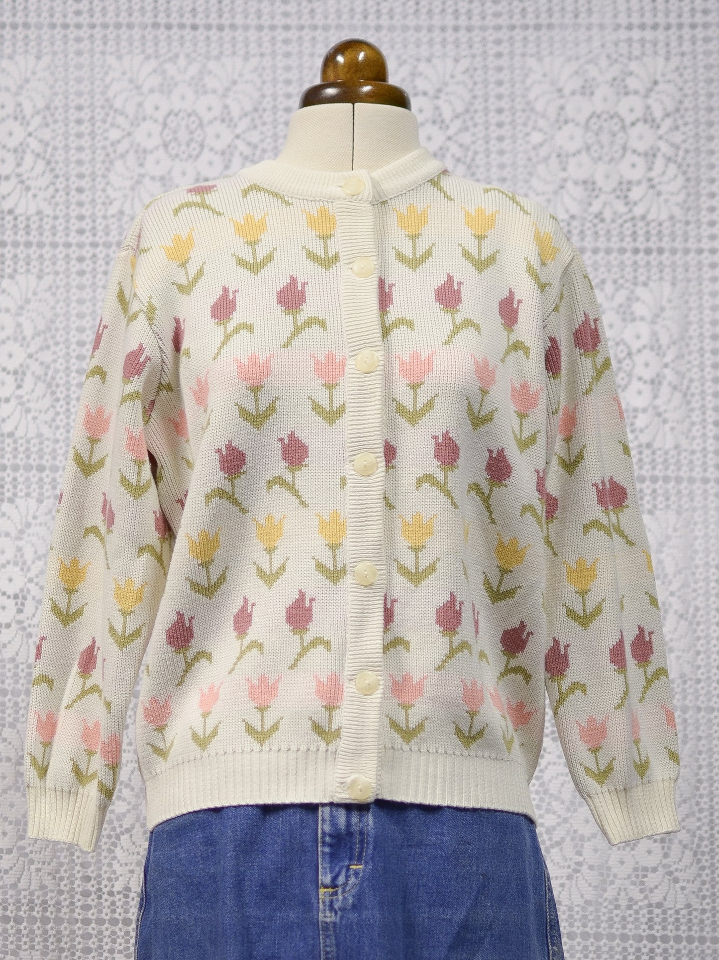 1990s cream, pink and yellow tulip floral pattern cardigan