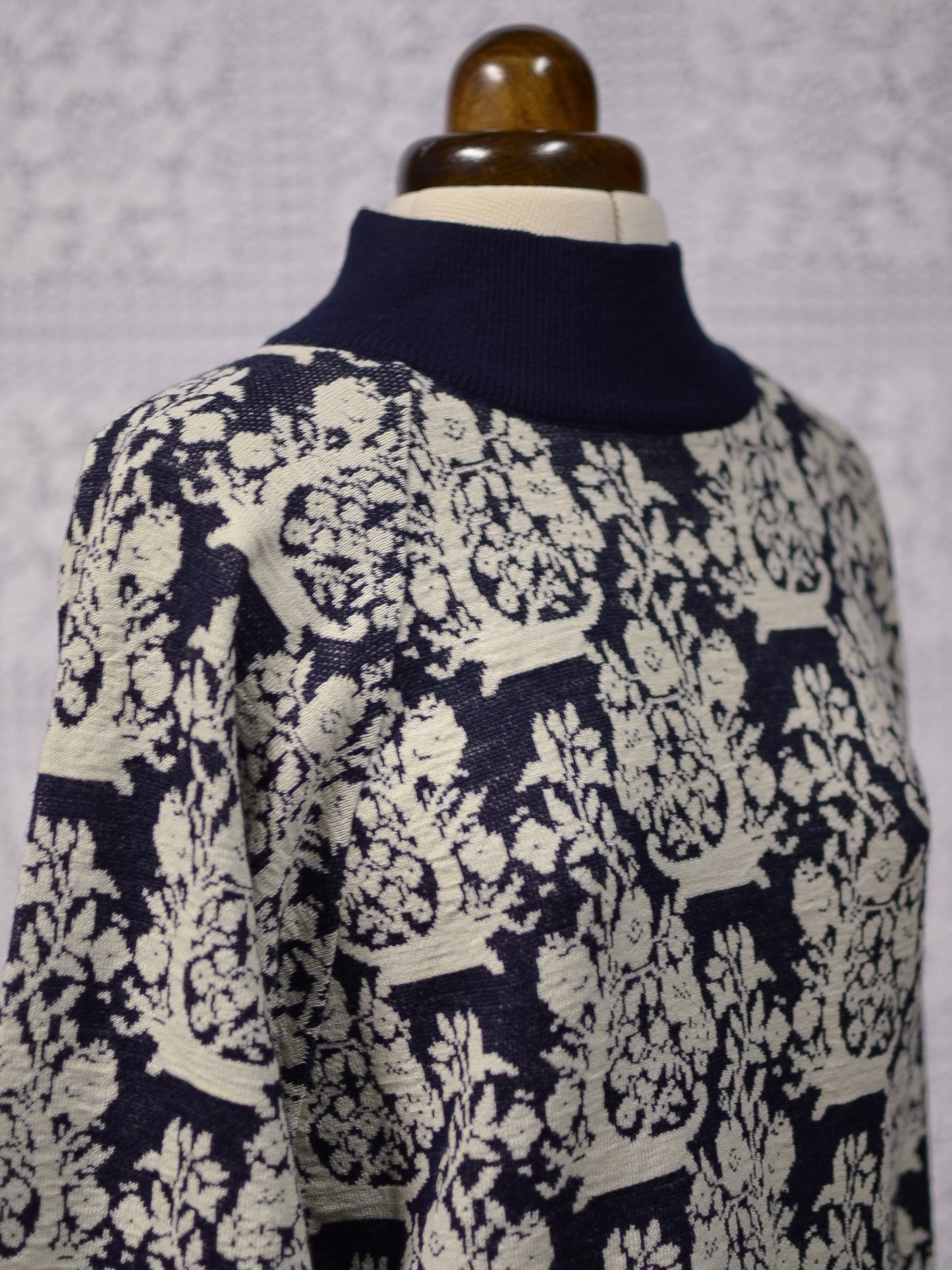 1980s navy and white knitted high neck patterned jumper dress