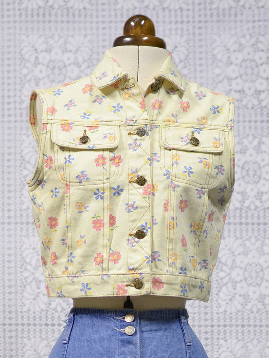 1990s cream and floral cropped denim sleeveless jacket