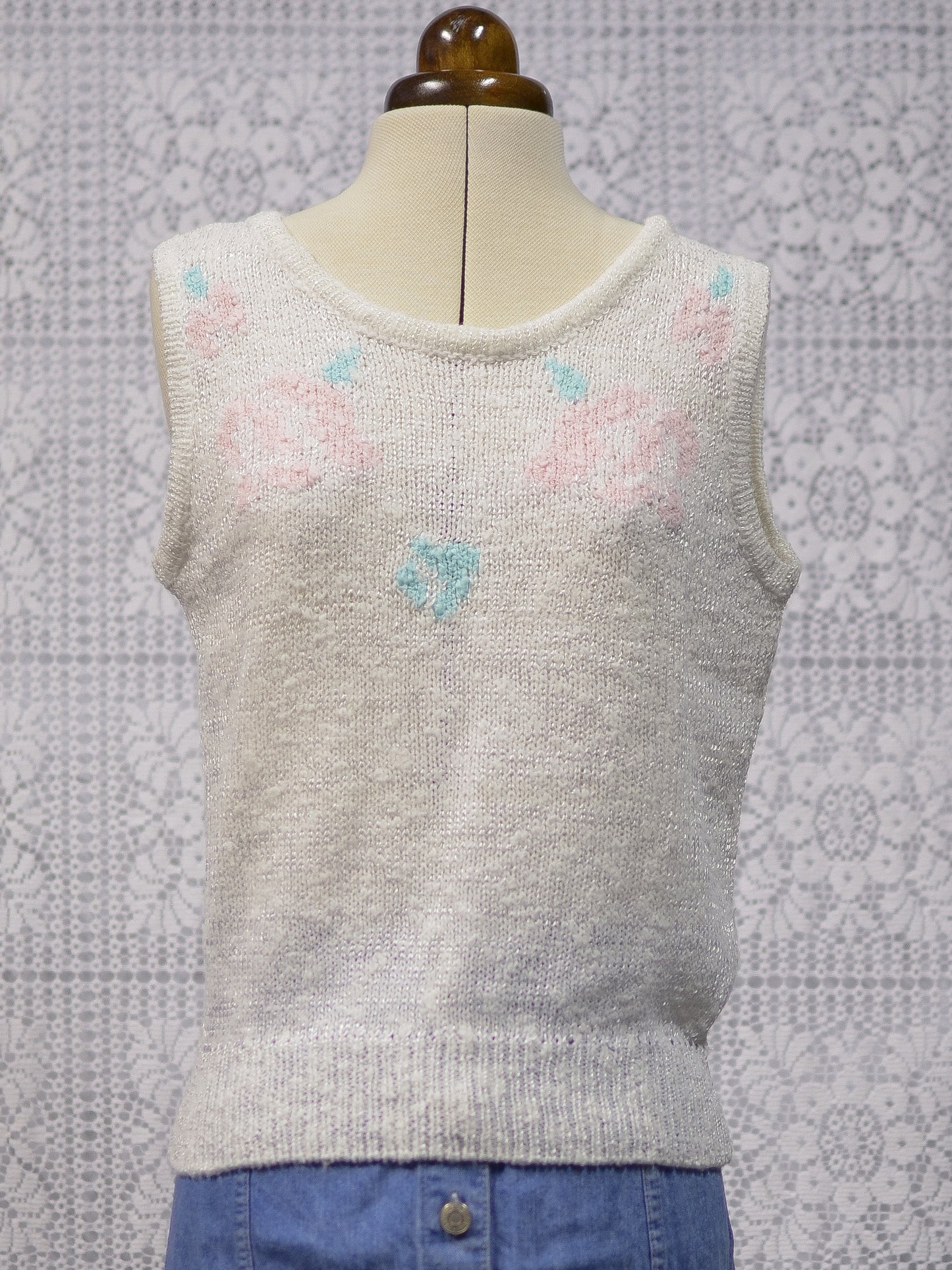 1980s BHS white and pink rose pattern knitted vest top