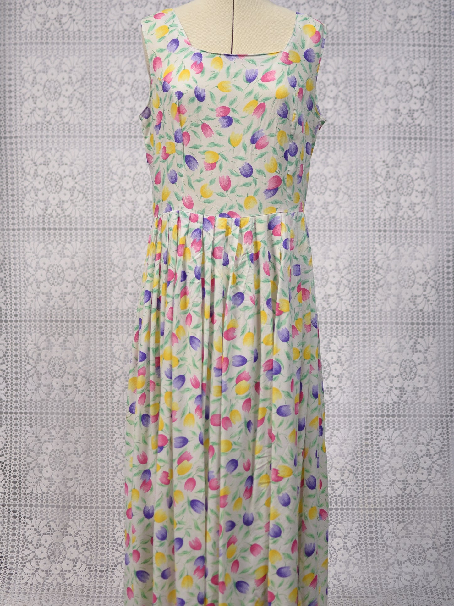 1990s St Michael colourful tulip print button through sleeveless midi dress