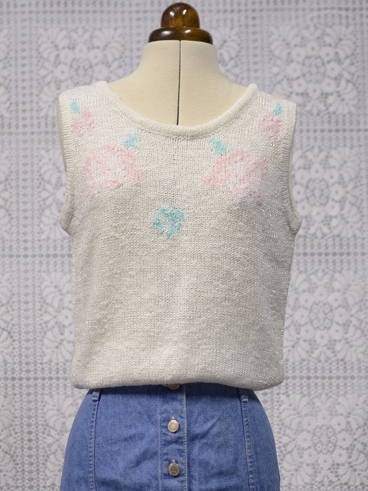 1980s BHS white and pink rose pattern knitted vest top