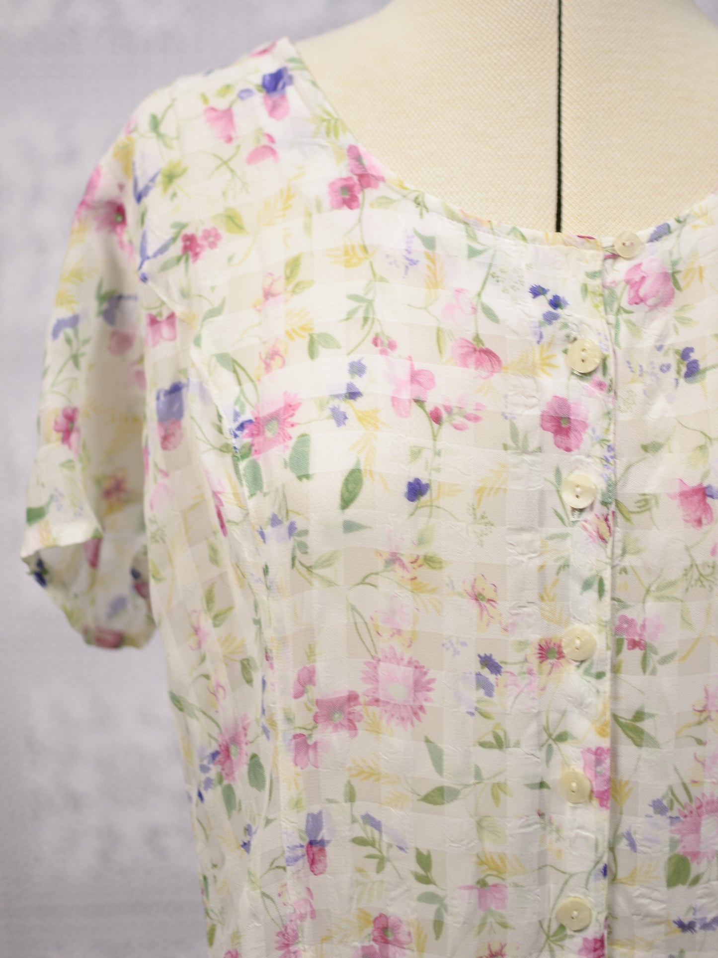 Y2K St Michael cream and pink gingham floral button through short sleeve maxi dress