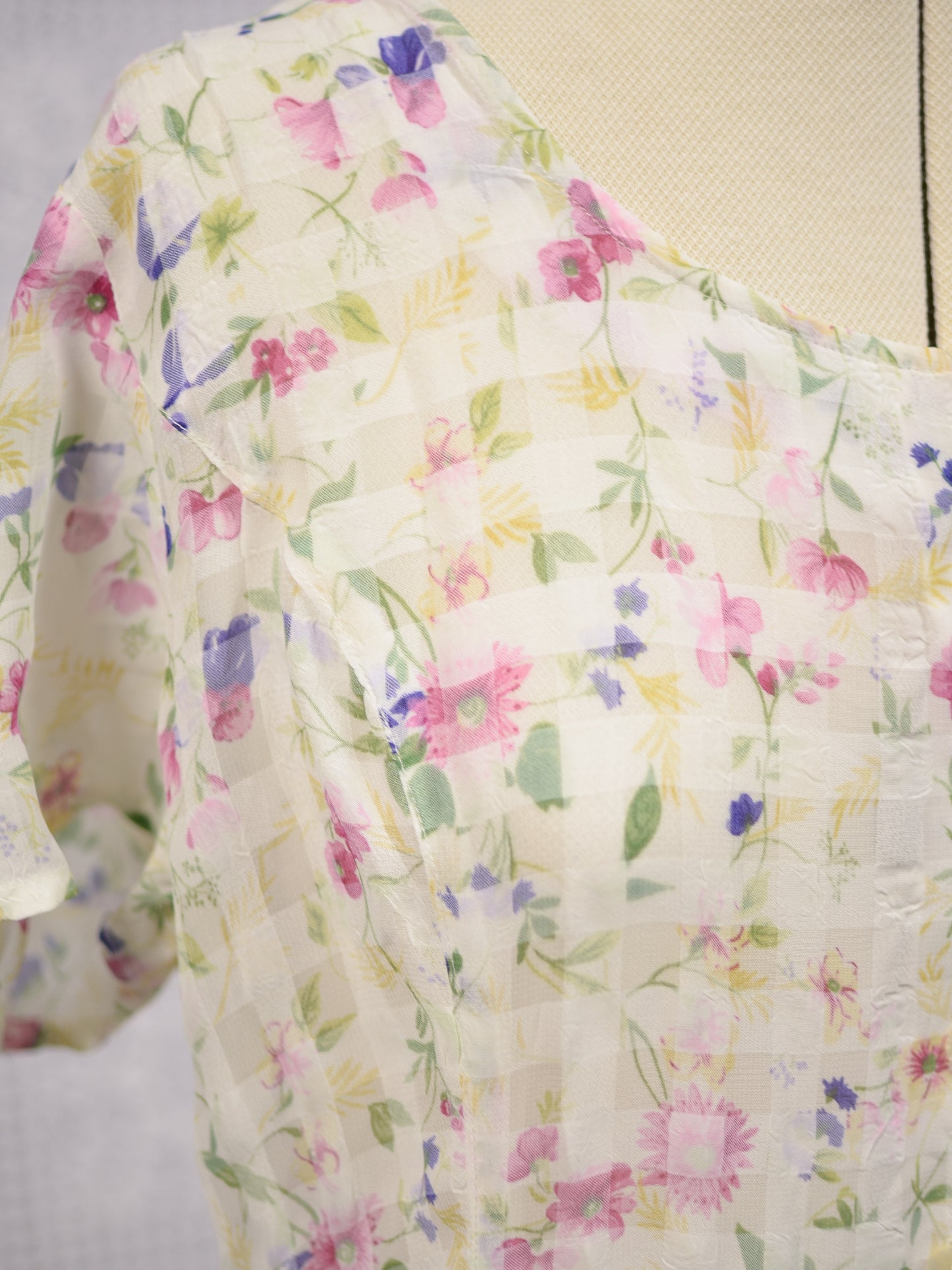 Y2K St Michael cream and pink gingham floral button through short sleeve maxi dress