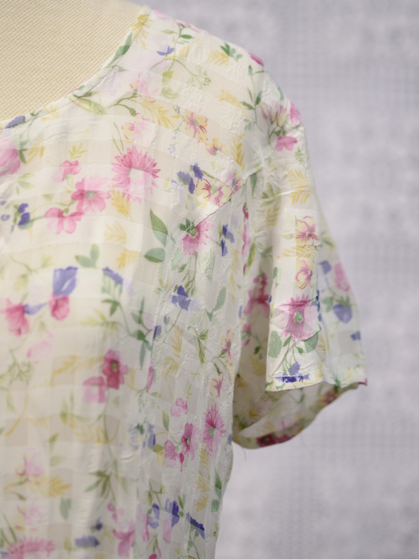 Y2K St Michael cream and pink gingham floral button through short sleeve maxi dress