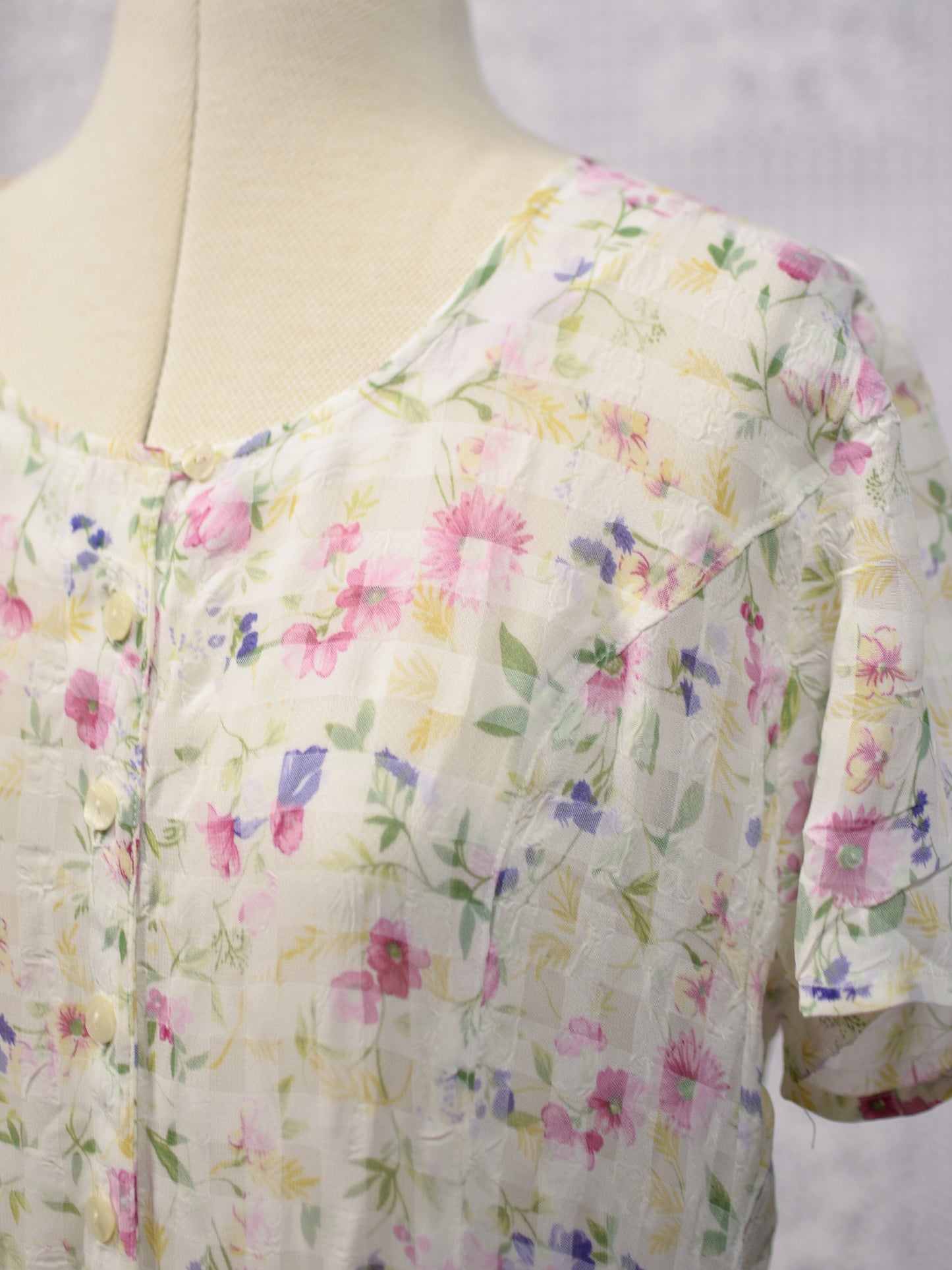Y2K St Michael cream and pink gingham floral button through short sleeve maxi dress