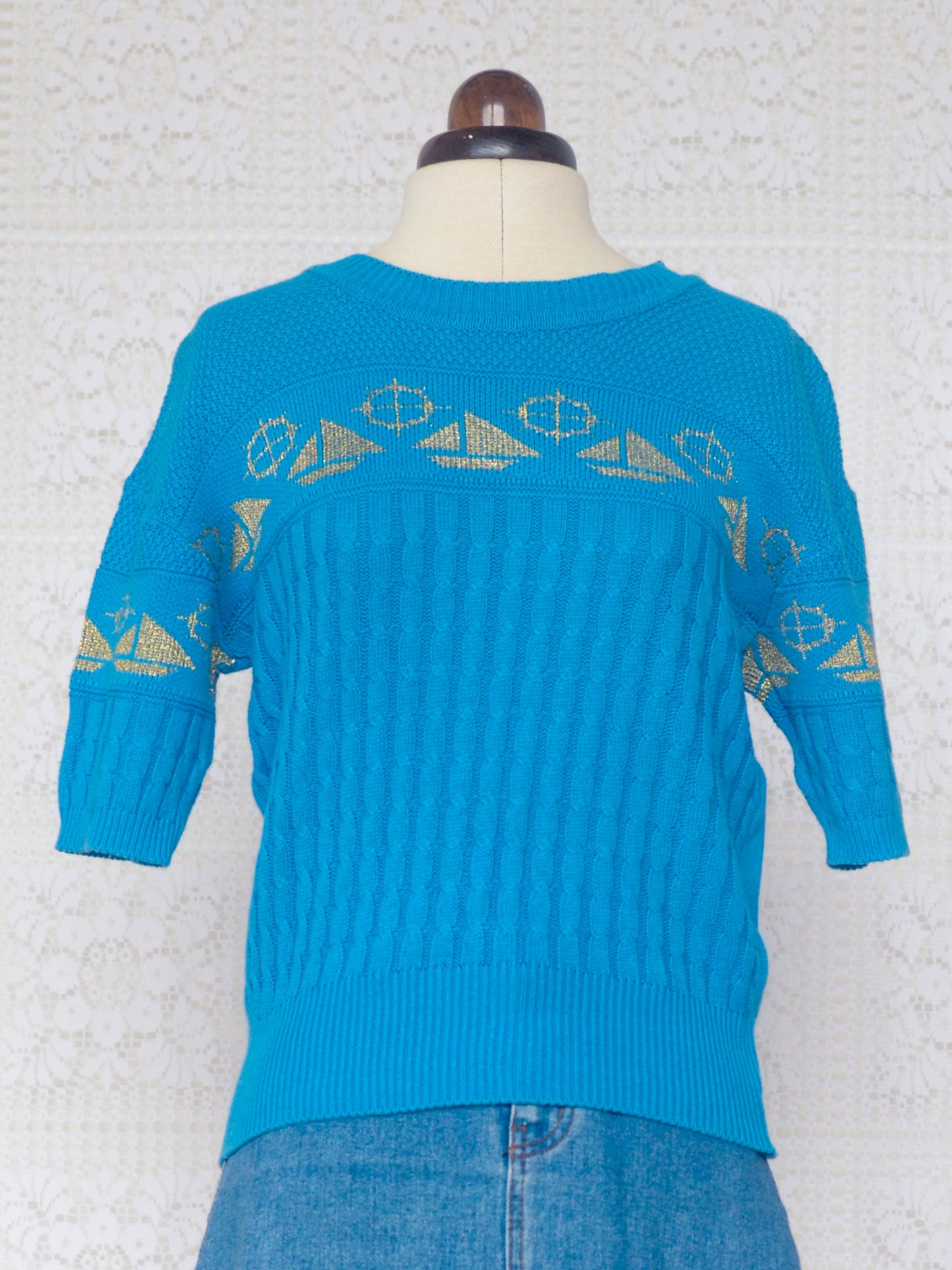 1980s blue and gold nautical boat pattern short sleeve jumper