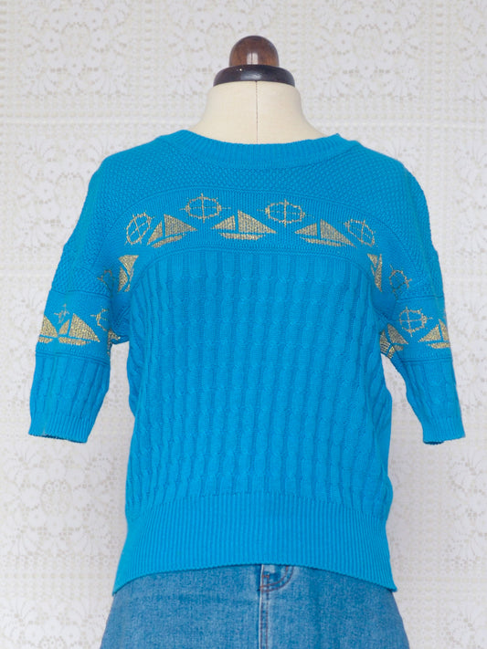 1980s blue and gold nautical boat pattern short sleeve jumper