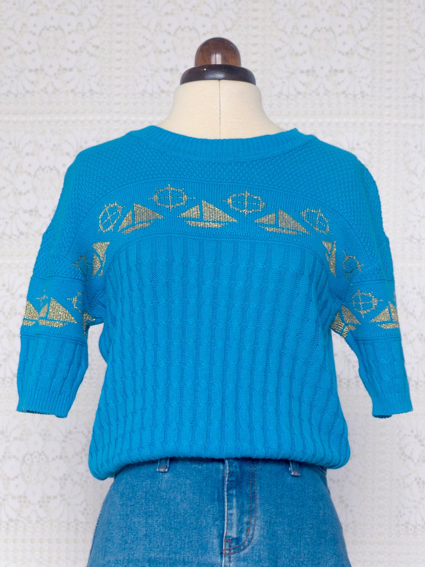 1980s blue and gold nautical boat pattern short sleeve jumper
