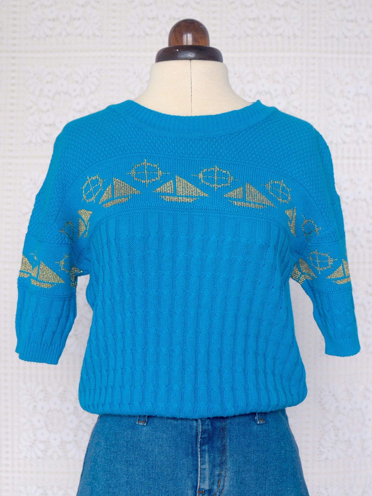 1980s blue and gold nautical boat pattern short sleeve jumper