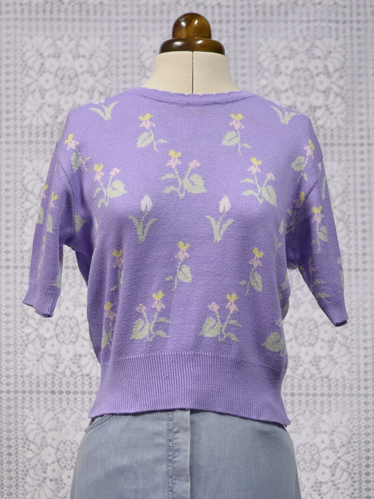 1990s St Michael lilac purple and yellow floral short sleeved jumper