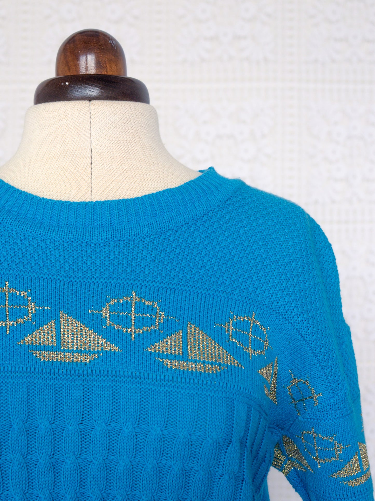 1980s blue and gold nautical boat pattern short sleeve jumper