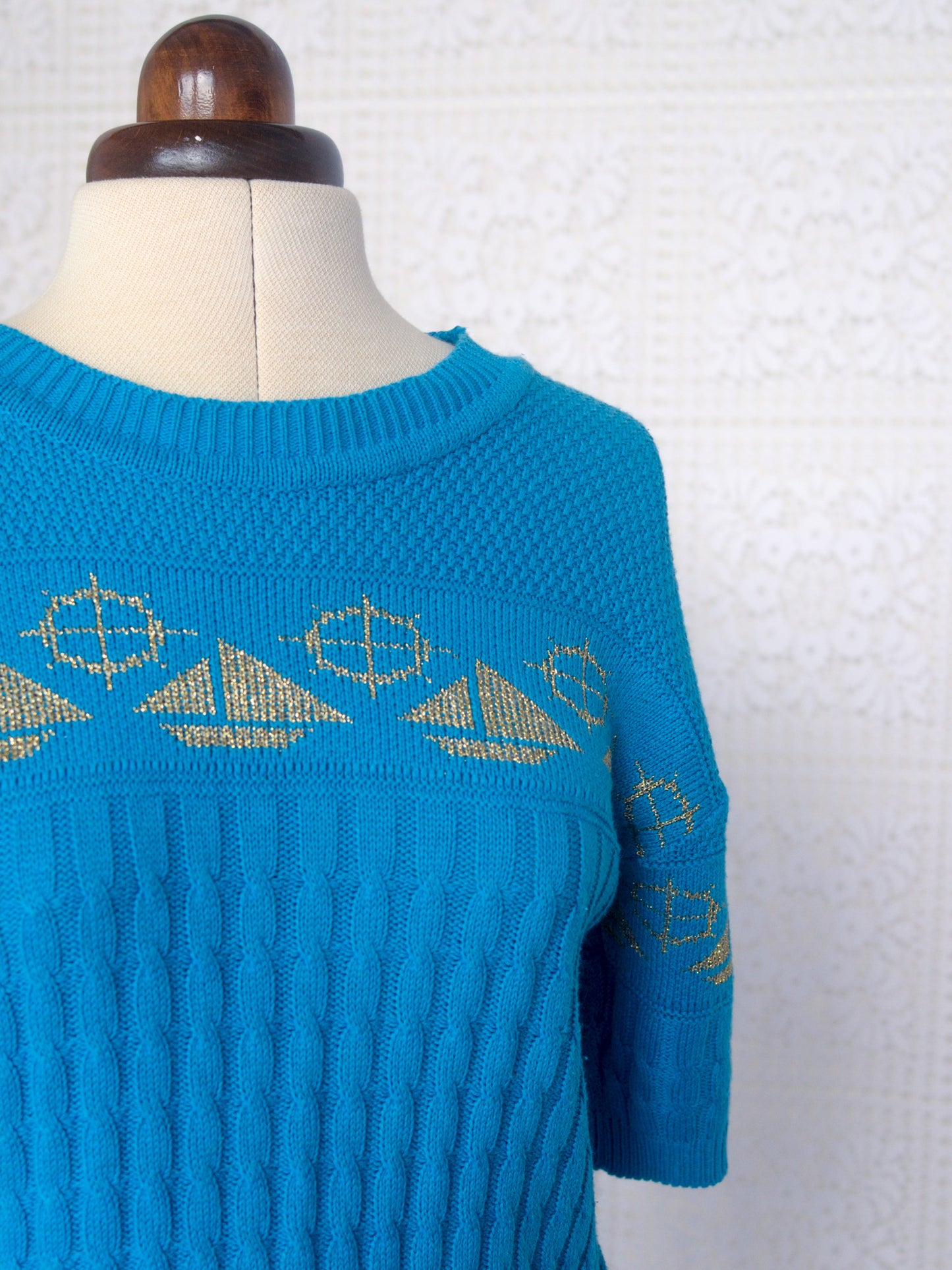 1980s blue and gold nautical boat pattern short sleeve jumper