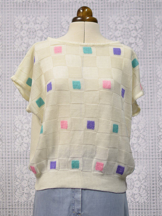 1980s cream, purple, green and pink square pattern slouchy sleeveless jumper