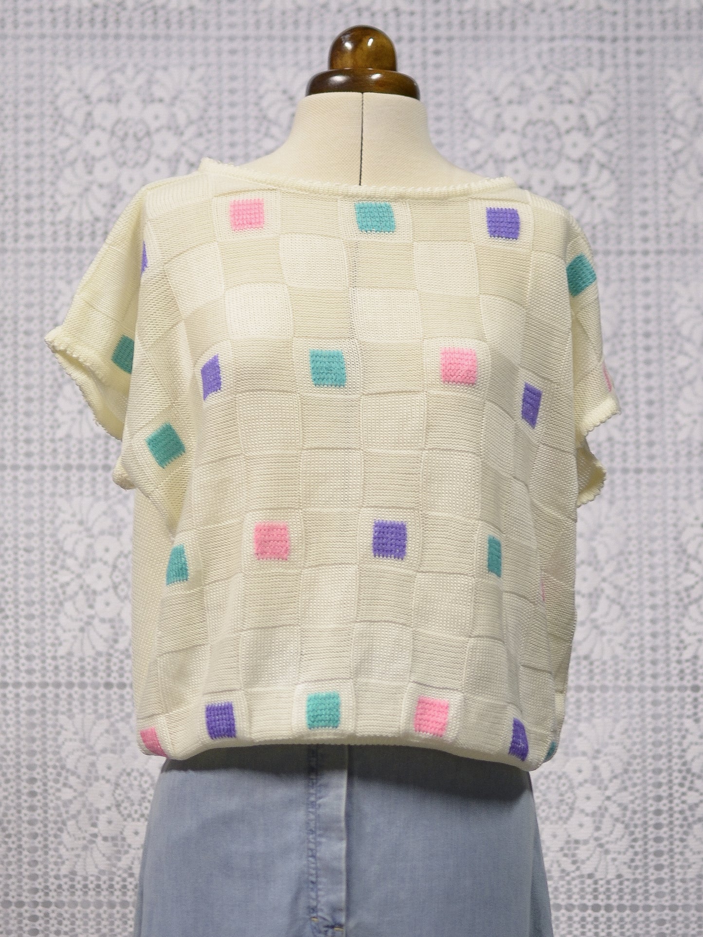 1980s cream, purple, green and pink square pattern slouchy sleeveless jumper