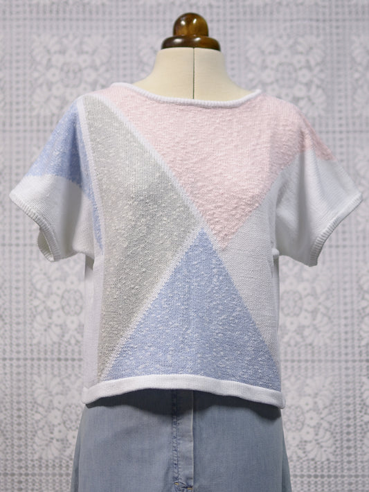 1980s BHS pale pink, blue and white geometric sleeveless jumper sweater vest