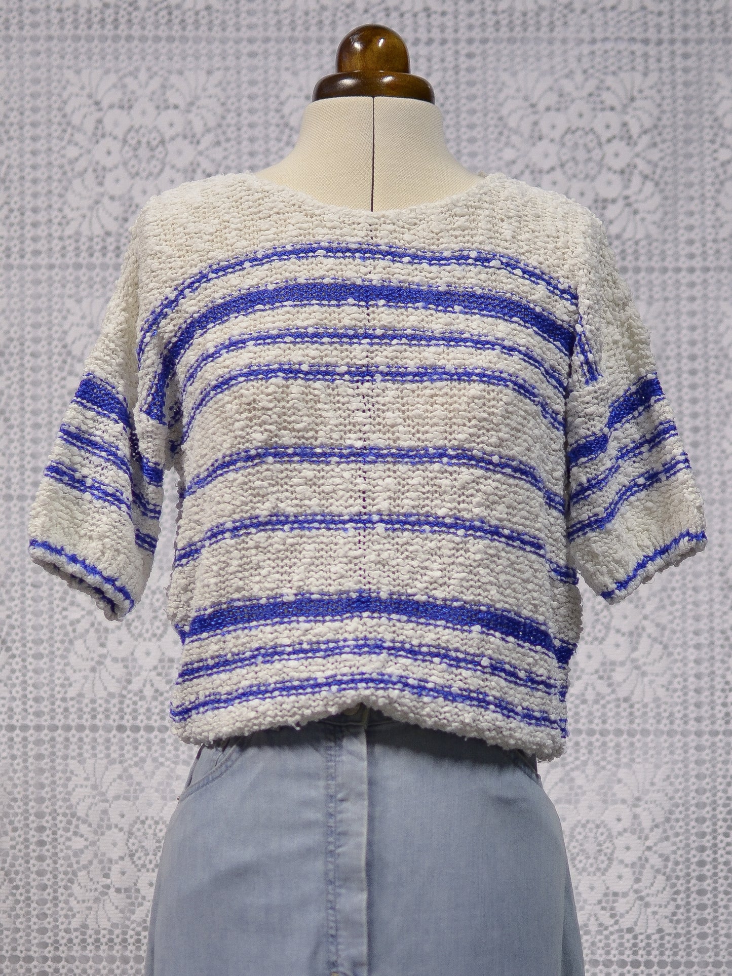 1980s BHS white and blue striped boucle short sleeve jumper