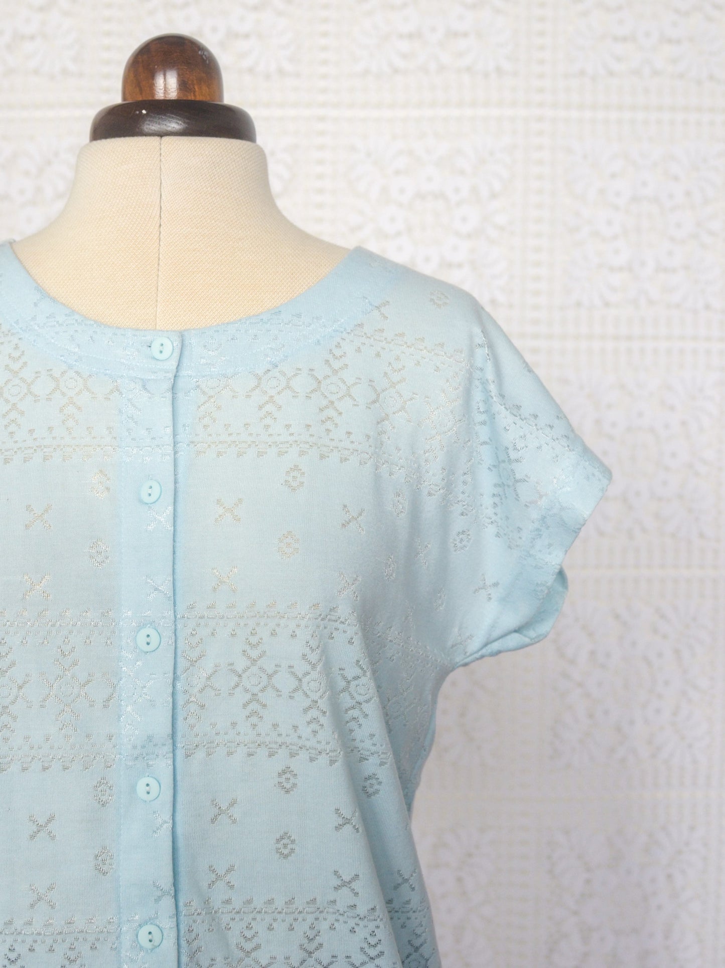1980s Littlewoods light blue button-through patterned t-shirt