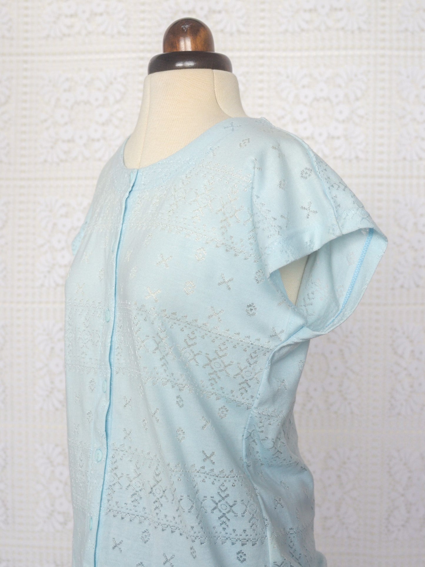 1980s Littlewoods light blue button-through patterned t-shirt