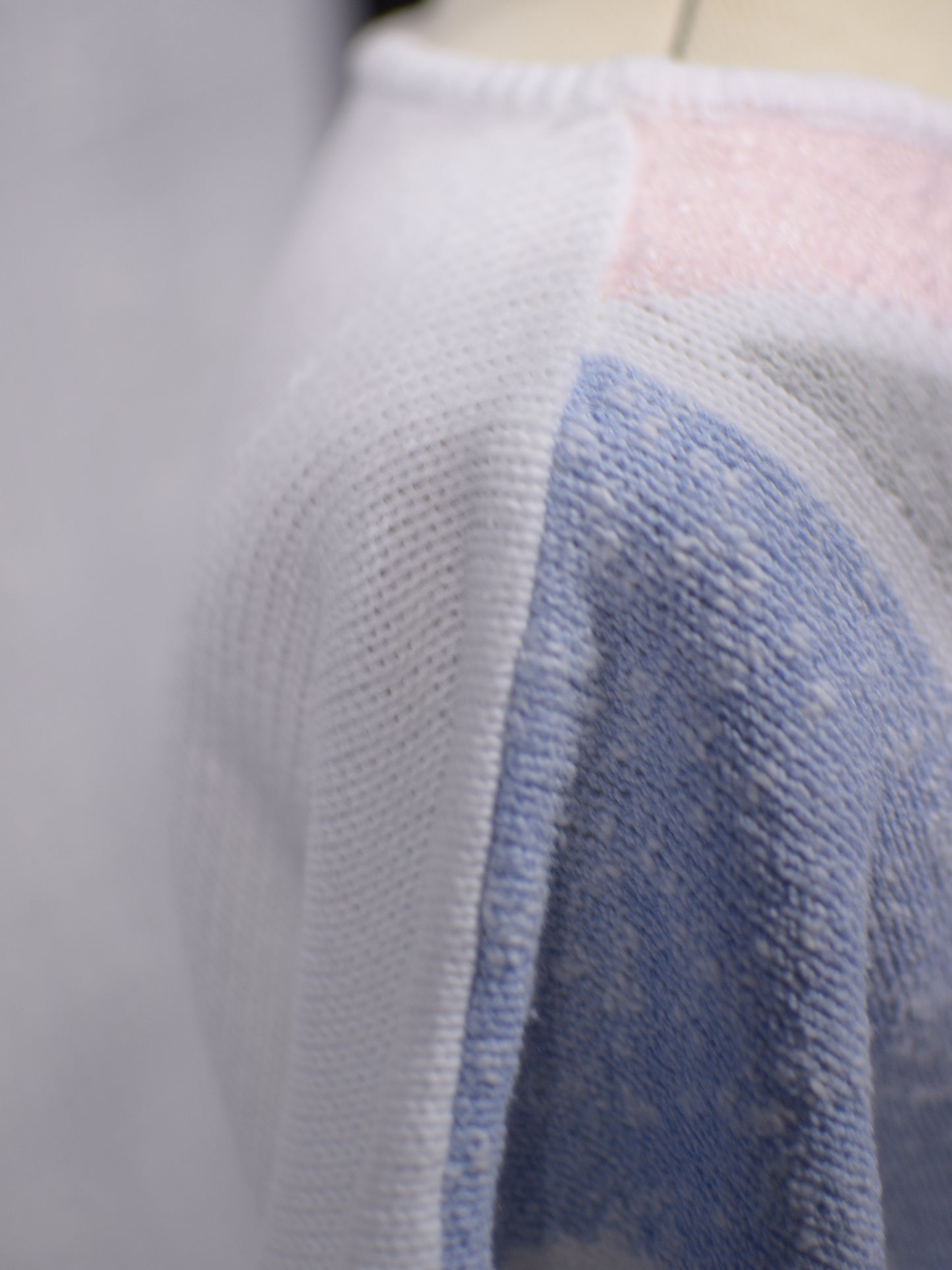 1980s BHS pale pink, blue and white geometric sleeveless jumper sweater vest
