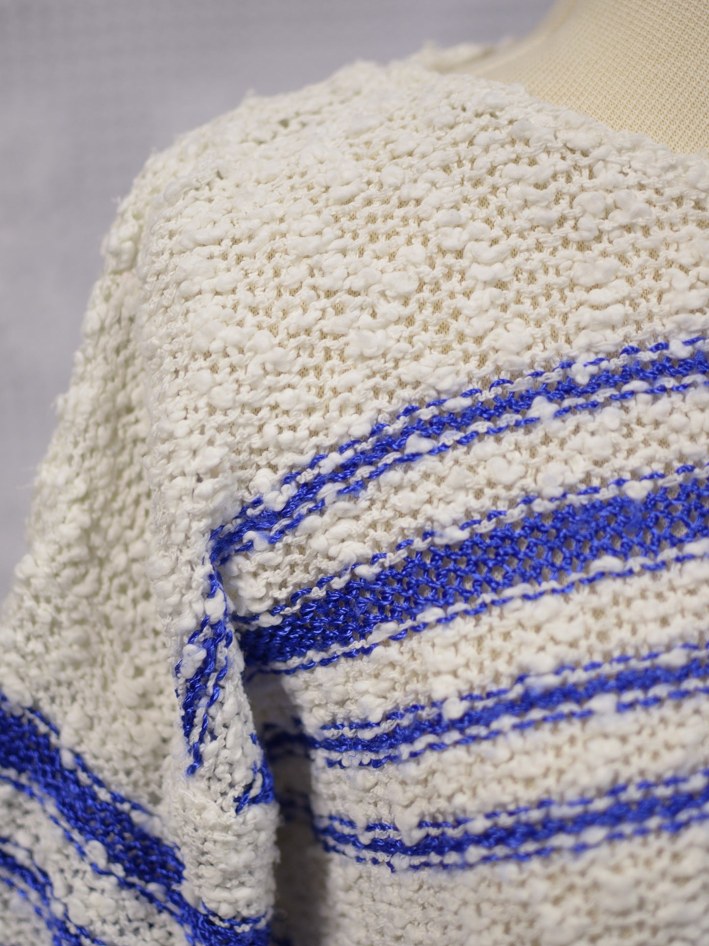 1980s BHS white and blue striped boucle short sleeve jumper