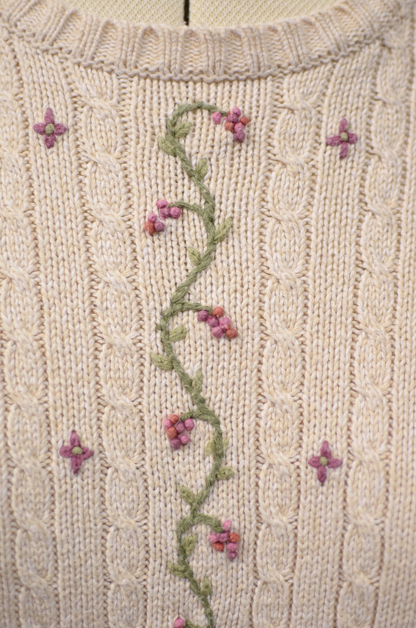 1990s Tulchan cream and pink embroidered rose jumper