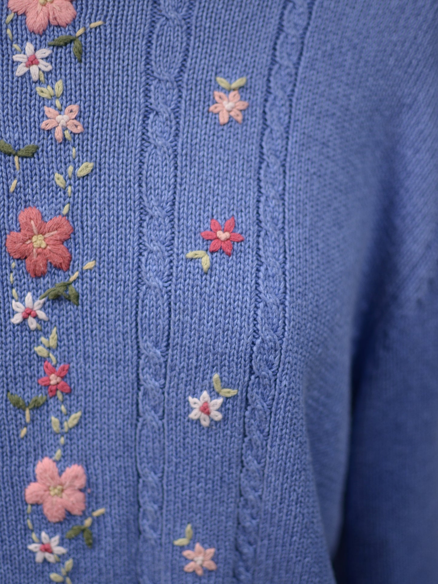 1990s Tulchan blue and pink embroidered floral jumper