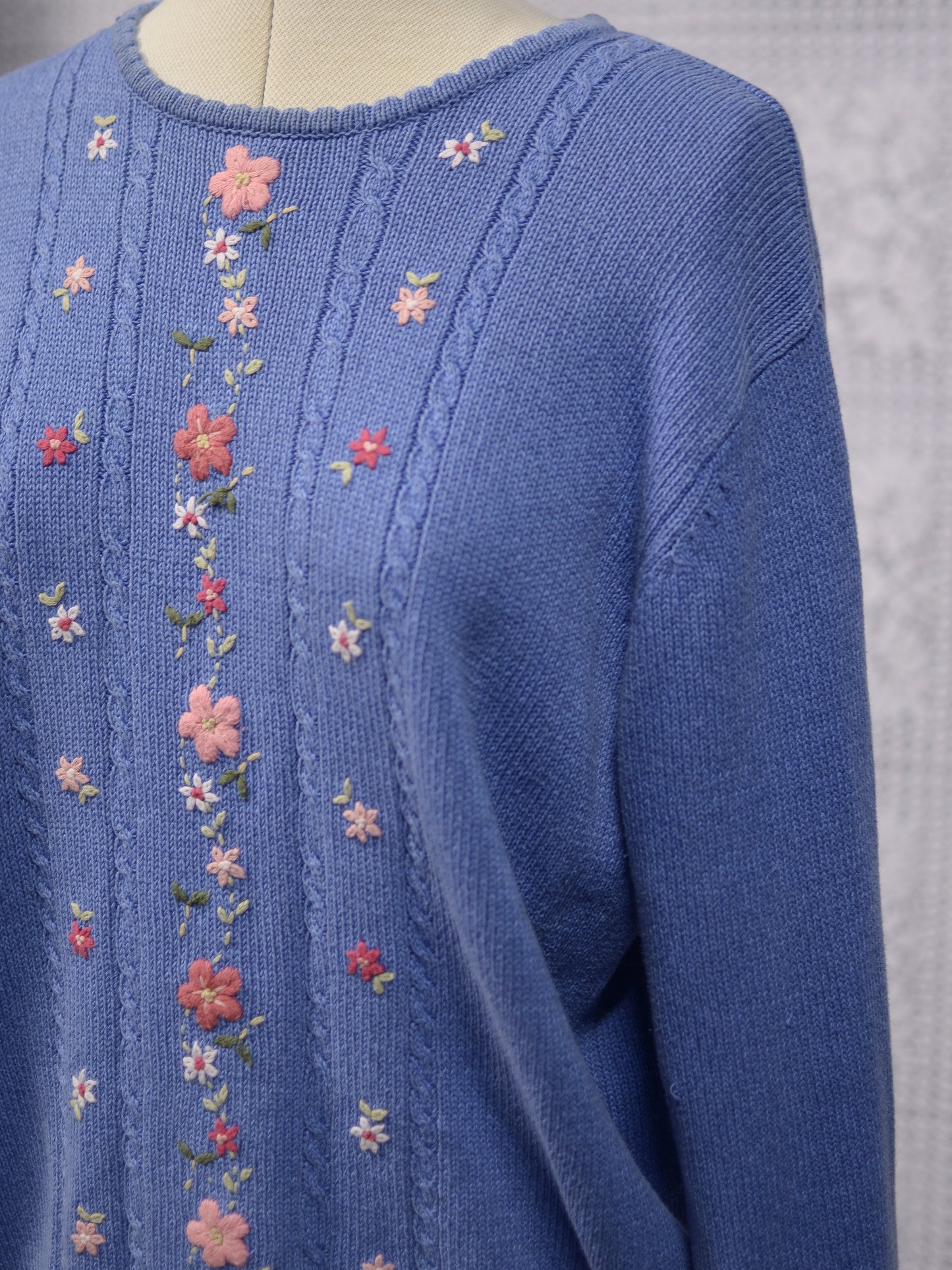 1990s Tulchan blue and pink embroidered floral jumper