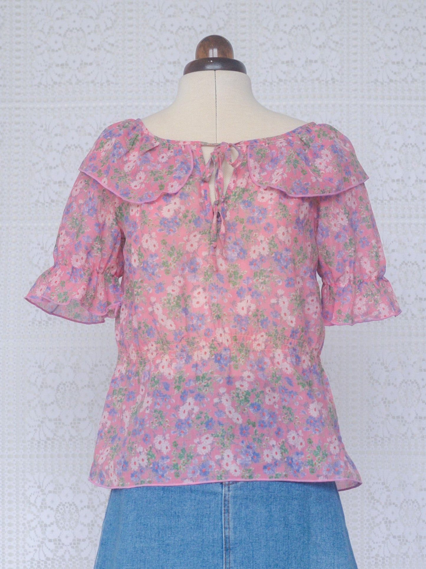 1980s St Michael pink floral boho collar tie neck blouse