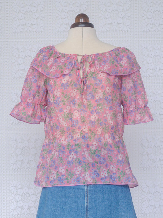 1980s St Michael pink floral boho collar tie neck blouse