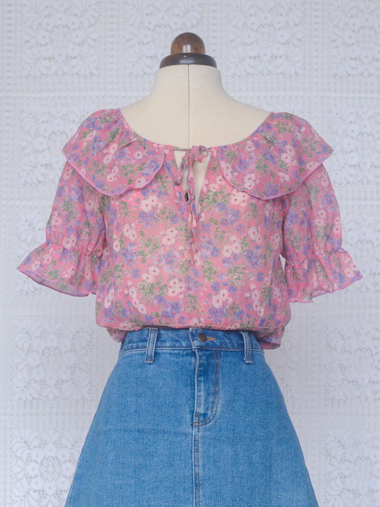1980s St Michael pink floral boho collar tie neck blouse