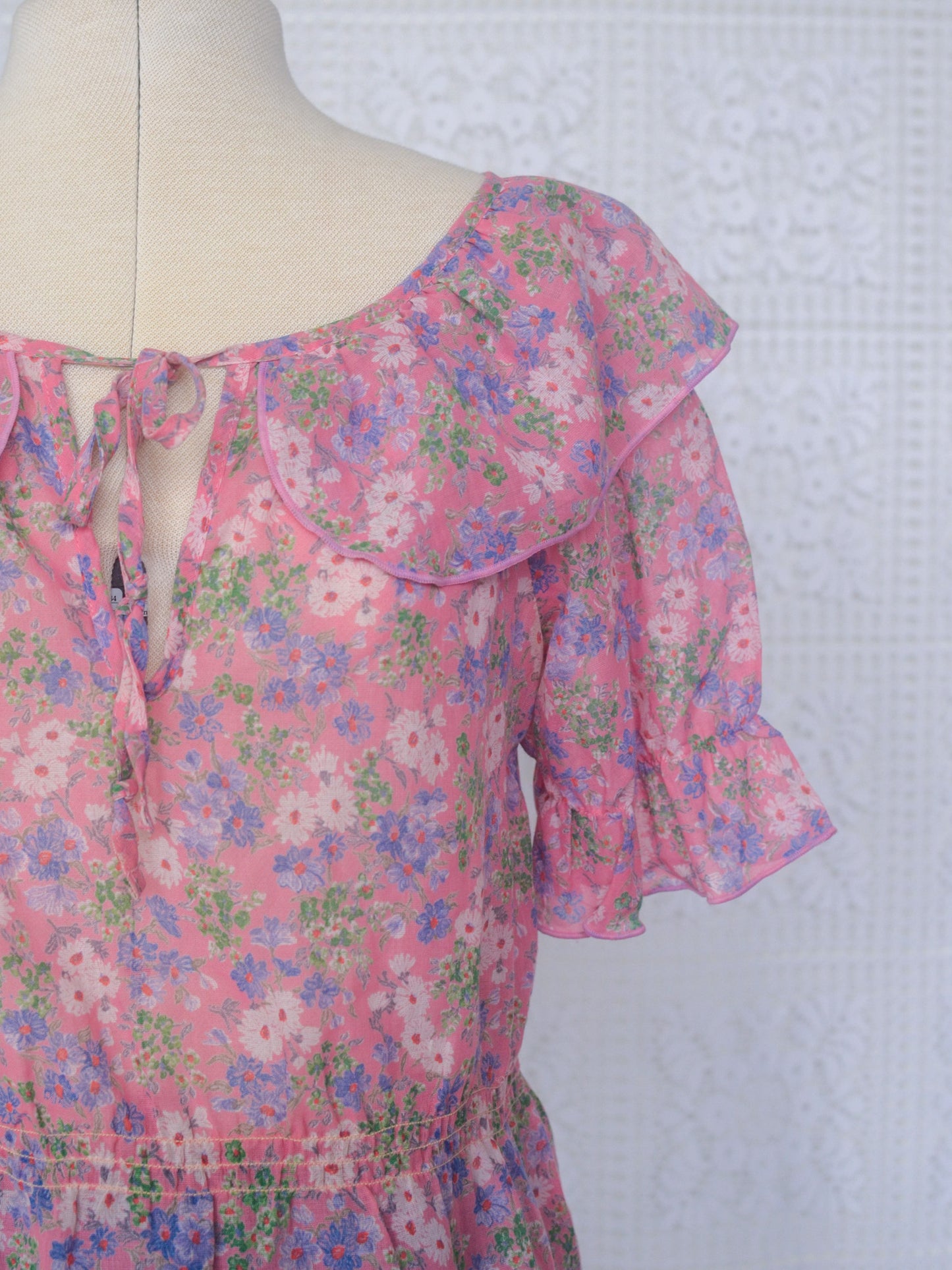 1980s St Michael pink floral boho collar tie neck blouse