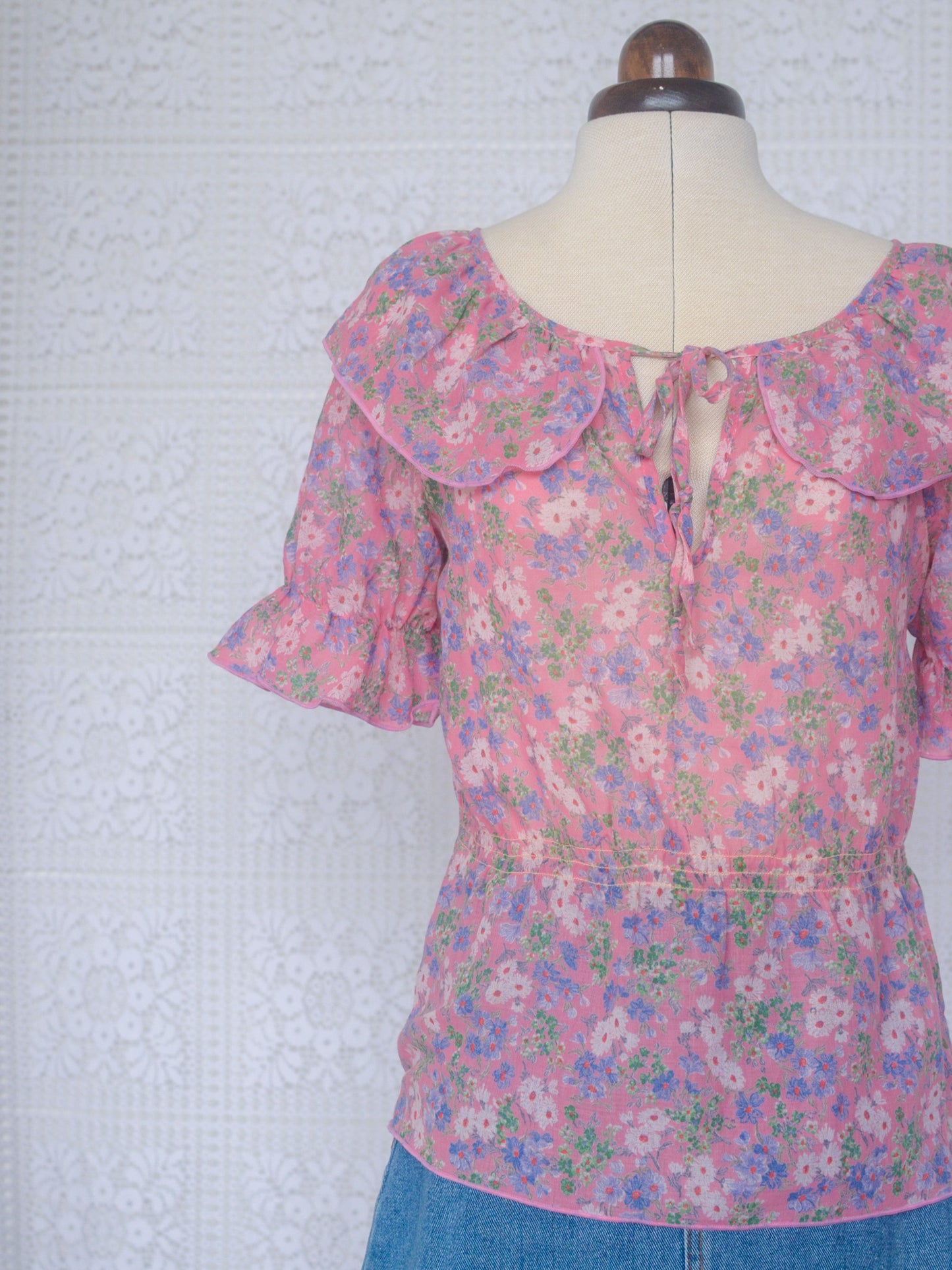 1980s St Michael pink floral boho collar tie neck blouse