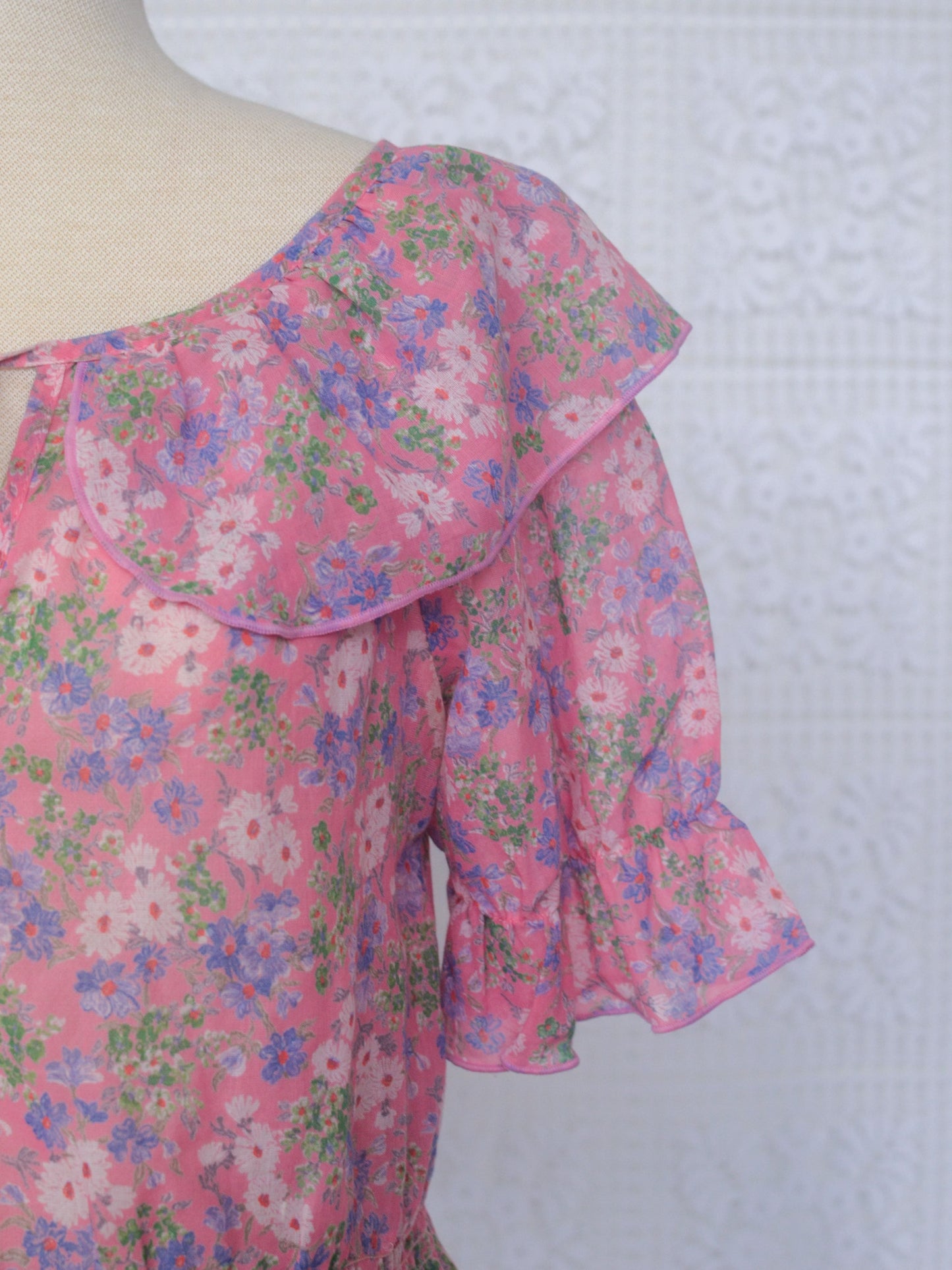 1980s St Michael pink floral boho collar tie neck blouse