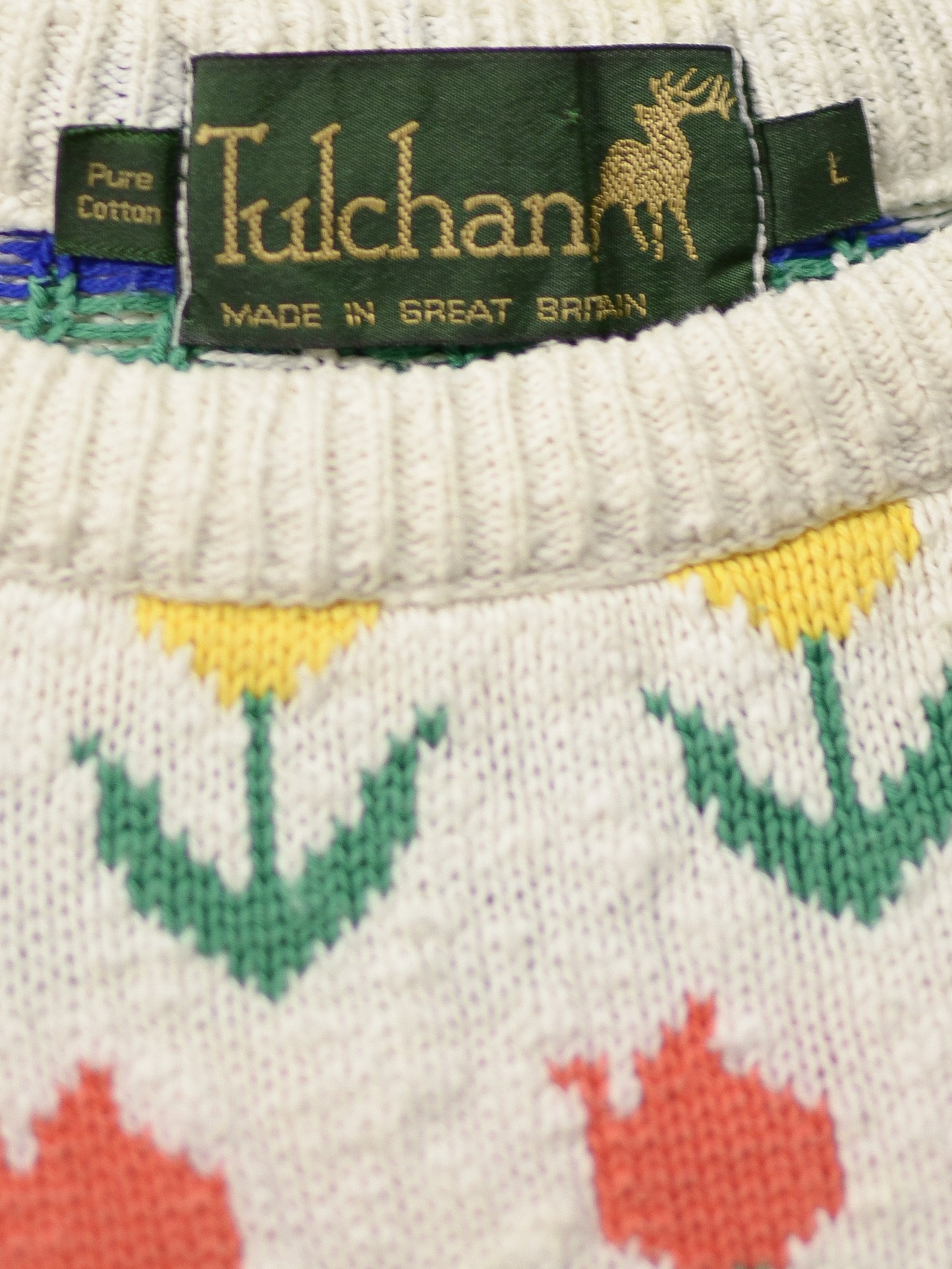1990s Tulchan white, red, blue and yellow tulip pattern cotton jumper