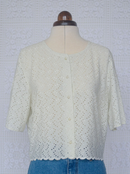 1990s cream Dorothy Perkins broderie anglaise cropped short sleeve top
