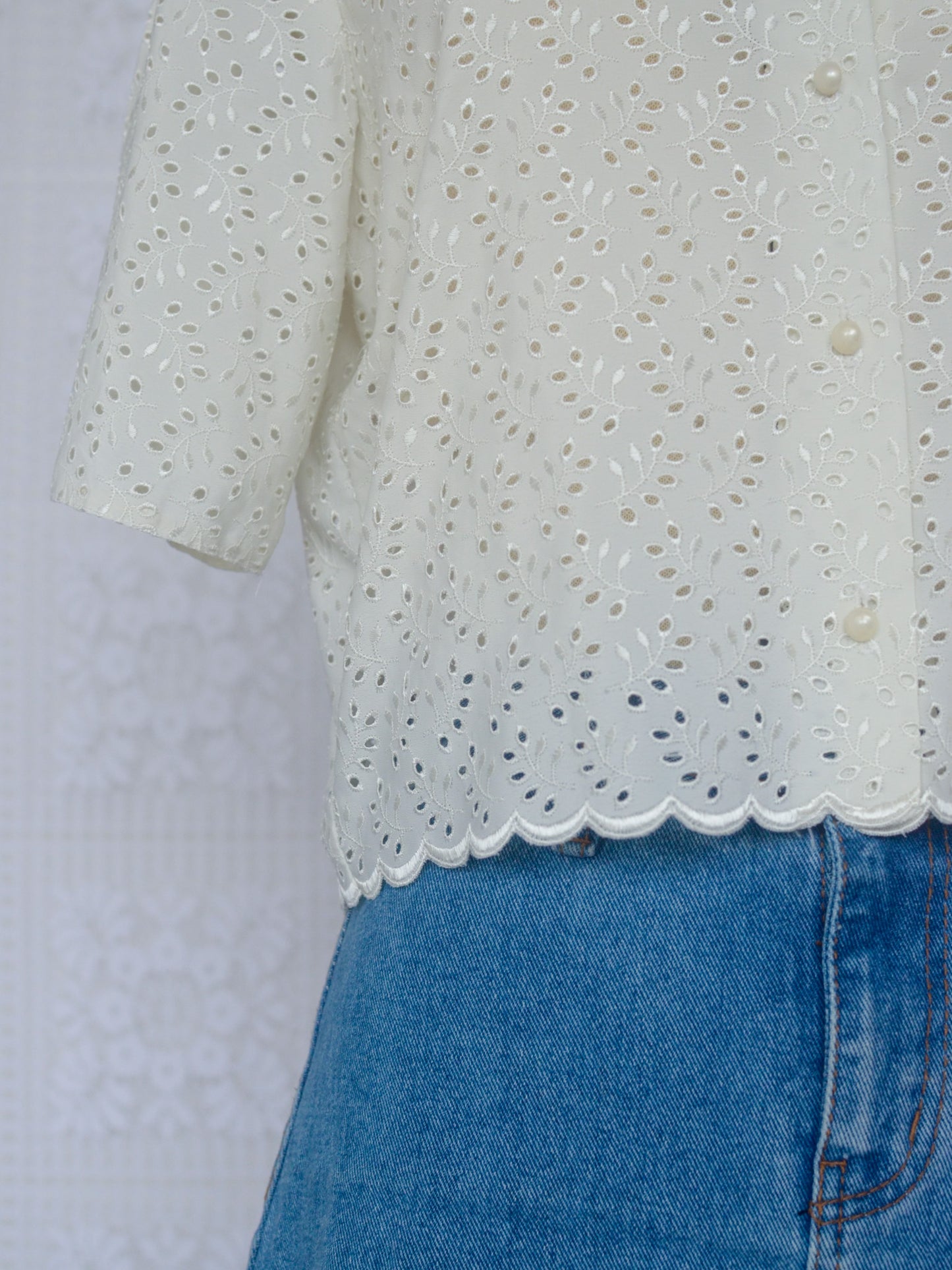 1990s cream Dorothy Perkins broderie anglaise cropped short sleeve top