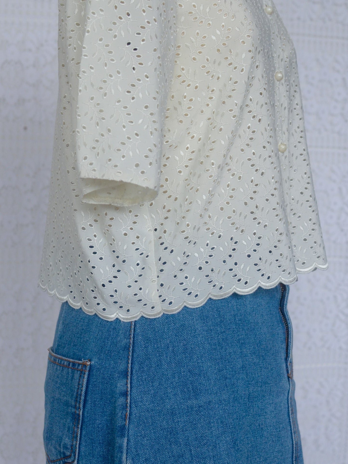 1990s cream Dorothy Perkins broderie anglaise cropped short sleeve top