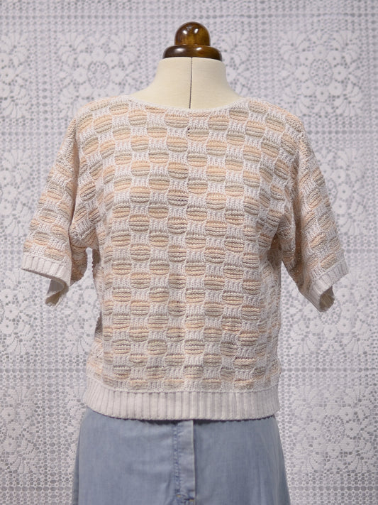 1980s Littlewoods white, peach and beige textured knit short sleeve jumper